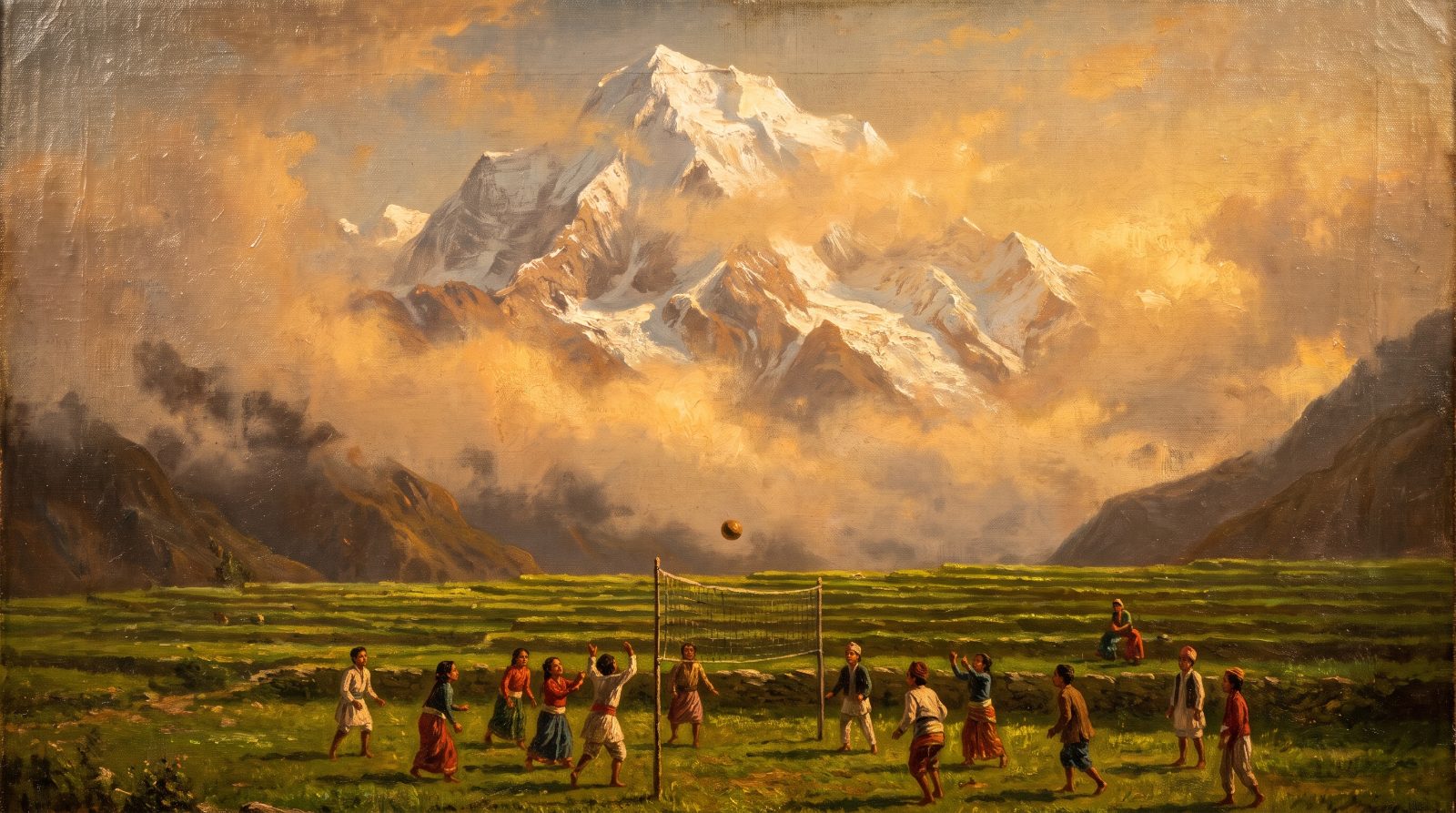 Painted plate: a Himalayan peak above a terraced meadow where children play volleyball